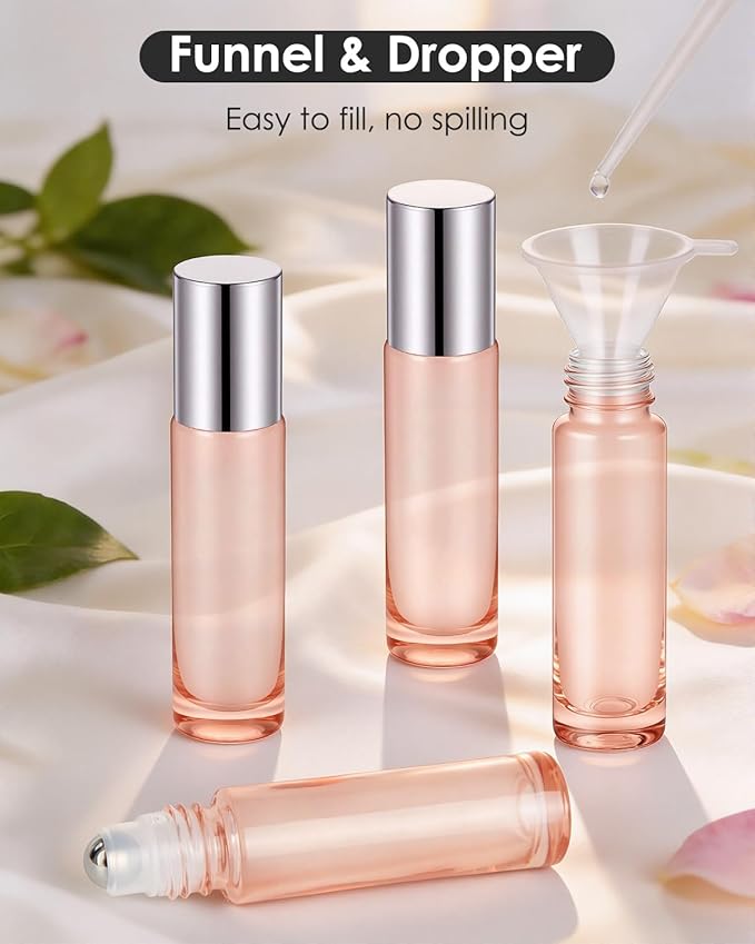 Worldgsb 25 Pack Essential Oil Roller Bottles, 10ml Refillable Glass Roller Bottles with Stainless Steel Roller Balls and Caps for Travel, Perfume and Lip Gloss Rose Gold