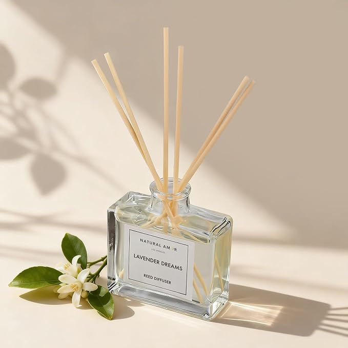 Natural Amor Lavender Reed Diffuser Set, 3.38 fl oz Scented Diffuser with Sticks Home Fragrance Reed Diffuser for Bathroom Shelf Bedroom Living Room