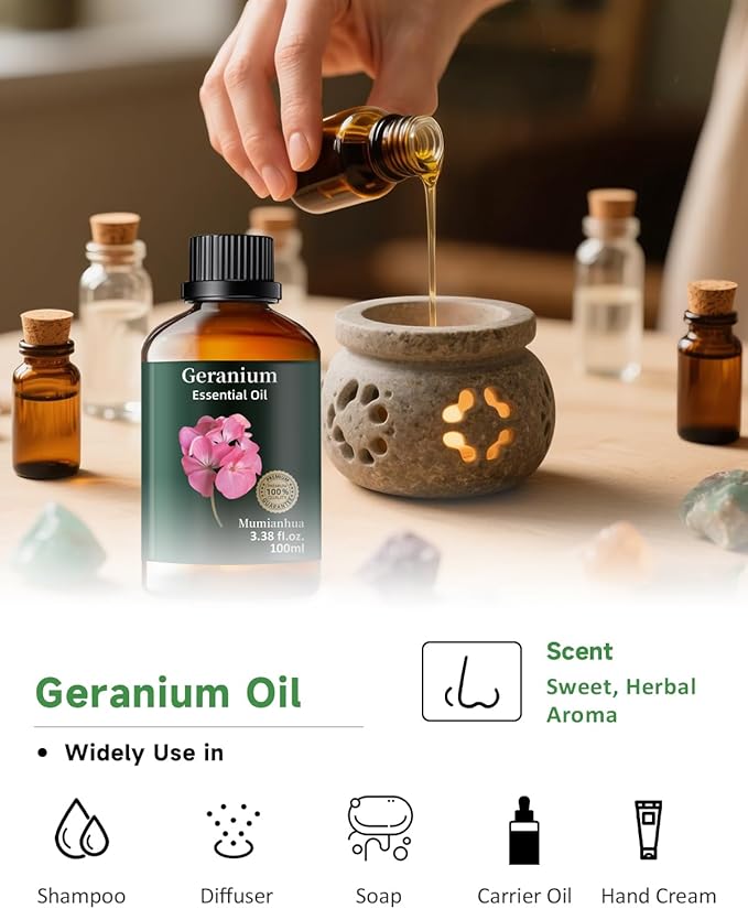 Geranium Essential Oil, Mumianhua Pure Rose Geranium Oil for Balanced Skin & Mood Harmony, Floral Relaxation Oil for Diffuser, Night Routine & DIY Skin, Hair, 3.38 Fl Oz