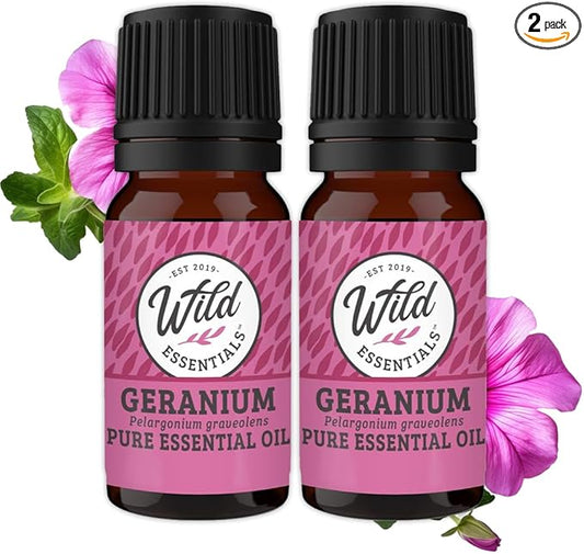 Wild Essentials Geranium 100% Pure Essential Oil 2 Pack - 10ml, Therapeutic Grade, Made and Bottled in The USA, Uplifting, Balancing