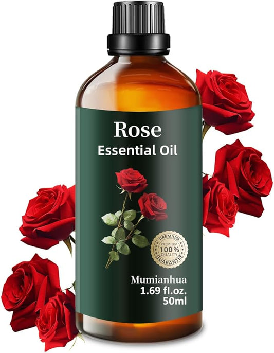 Rose Essential Oil, Pure Rose Oil Mumianhua Natural Floral Oil for Reed Diffuser, Air Freshener, Aromatherapy, Relaxation, Skin, Massage, Hair, Cologne, Candles Making, Evening Wellness 1.69 Fl Oz
