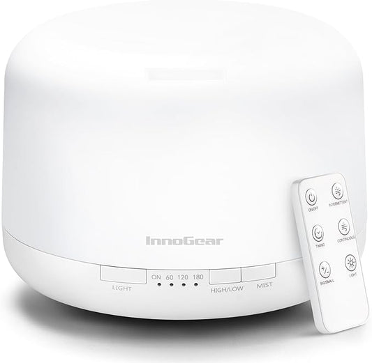 InnoGear 500ml Essential Oil Diffuser with Remote Control, Premium Ultrasonic Aromatherapy Diffusers Mother's Gift Scent Humidifier Vaporizer Auto-Off Timer for Large Room Home, Basic White
