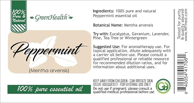 GreenHealth Peppermint Essential Oil – 32 fl oz (946 ml) – 100% Pure & Uncut – Strong Menthol Scent – Aluminum Bottle with Plug Cap – for Diffusers, Cleaning, DIY