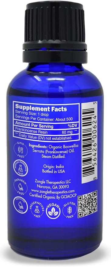 Organic, Frankincense Essential Oil, Food Grade, for Face – 100% Pure, Frankincense, Resin, Oil, Boswellia Serrata, Edible, by Zongle Therapeutics, 1 OZ