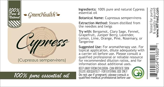 Cypress Essential Oil – 16 fl oz (473 ml) Aluminum Bottle w/Plug Cap – 100% Pure Essential Oil – GreenHealth