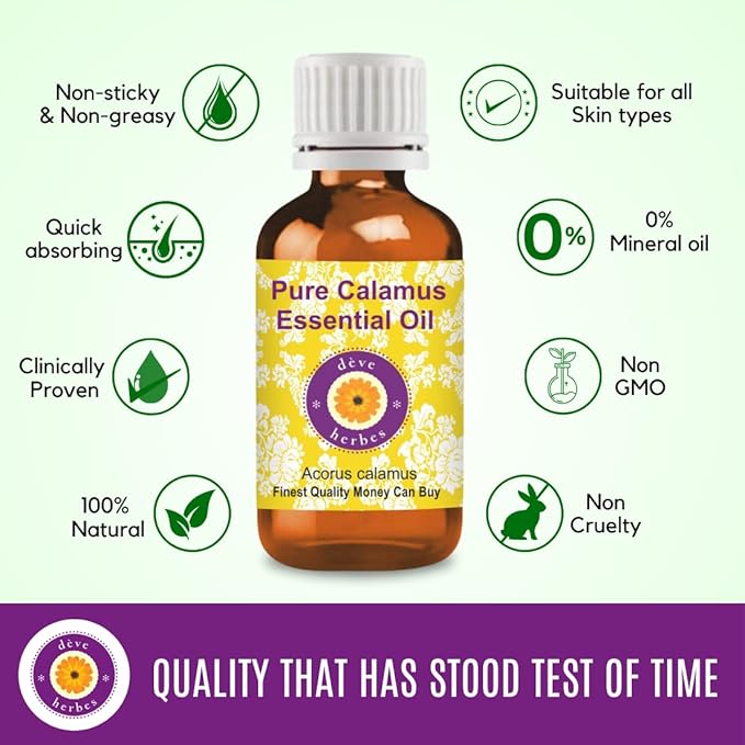 Deve Herbes Pure Calamus Essential Oil (Acorus Calamus) Steam Distilled 10ml (0.33 oz)