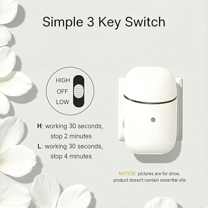 Plug in Diffuser, Waterless Diffuser with Low/High Switch, Essential Oil Diffuser with Night Light, Up to 500 Sq. Ft, Small Wall Scent Diffuser for Home, Living Room, Bedroom, Bathroom, White
