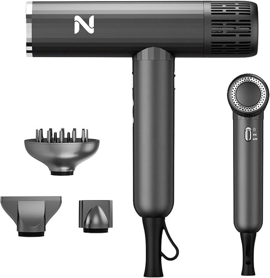 Natrial Ionic Professional Hair Dryer with Diffuser for Curly Hair,1600W&110000RPM High Speed Blow Dryer for Women,Fast Drying,Lock Function,Low Noise,Lightweight for Home Travel Salon,Medium Gray