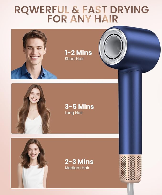 Hair Dryer, 140000 RPM High-Speed Brushless Motor Negative Ionic Low Noise Blow Dryer for Fast Drying, Thermo-Control Quiet Compact with Magnetic Nozzle for Home Travel Salon Use,Blue