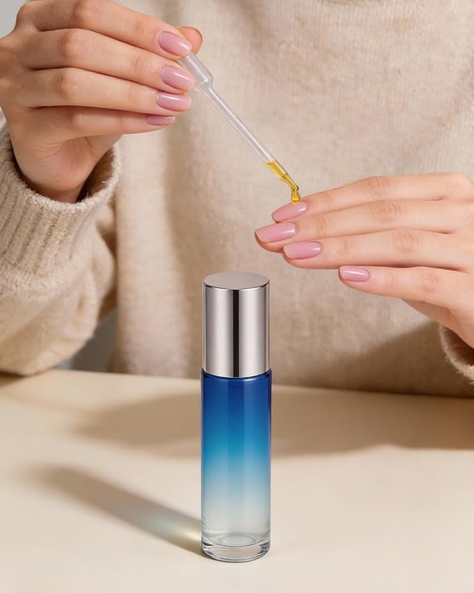 Worldgsb 25 Pack Essential Oil Roller Bottles, 10ml Refillable Glass Roller Bottles with Stainless Steel Roller Balls and Caps for Travel, Perfume and Lip Gloss Blue-Red Gradient