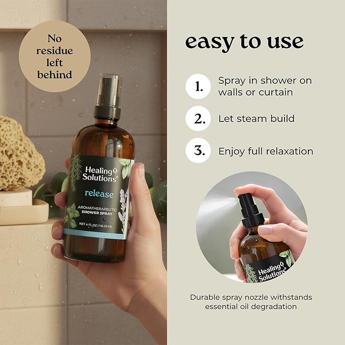 Healing Solutions Aromatherapy Shower Spray, Release Blend, 4oz, Therapeutic Grade Essential Oils, Made in the USA, At Home Spa Experience. Promotes Head Relief