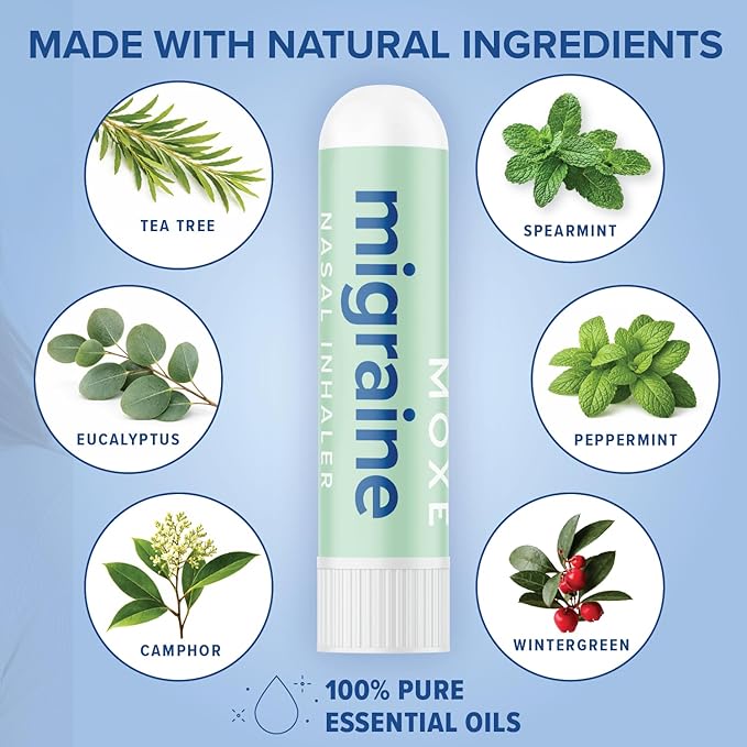 MOXE Migraine Relief Nasal Inhalers, Essential Oils for Headaches & Tension Relief, Portable Aromatherapy, Easy-to-Use, Pure & Undiluted, Peppermint, Spearmint, Eucalyptus, Tea Tree, USA Made, 3 Pack