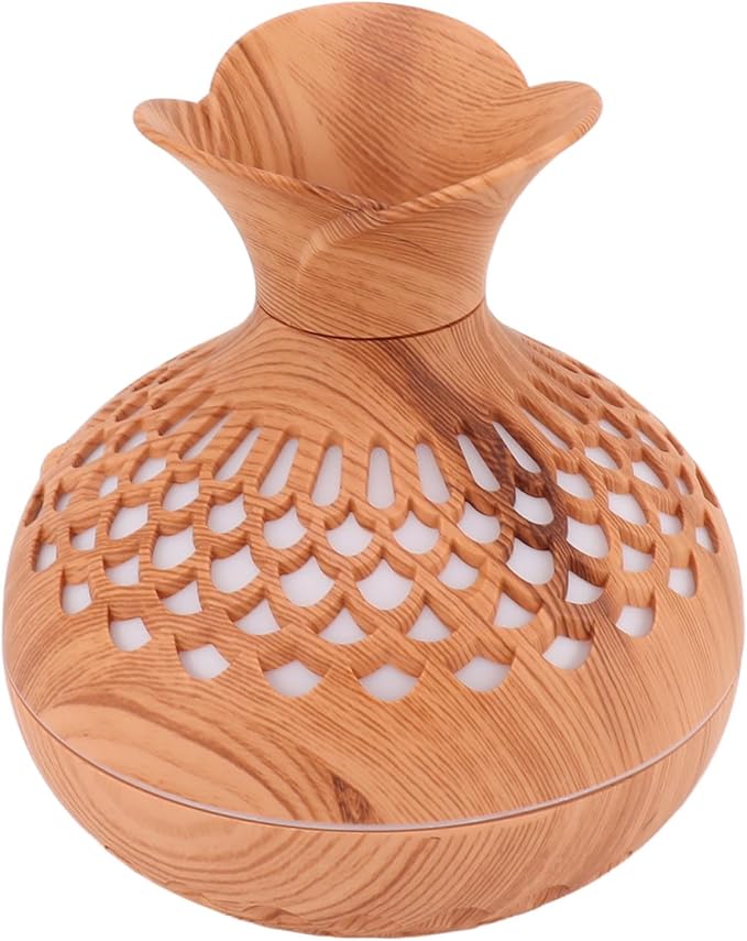 Humidifier , Flower Vase Shape Wood Grain 300ml Aromatherapy Diffuser USB Powered for Bedrooms (Amber)