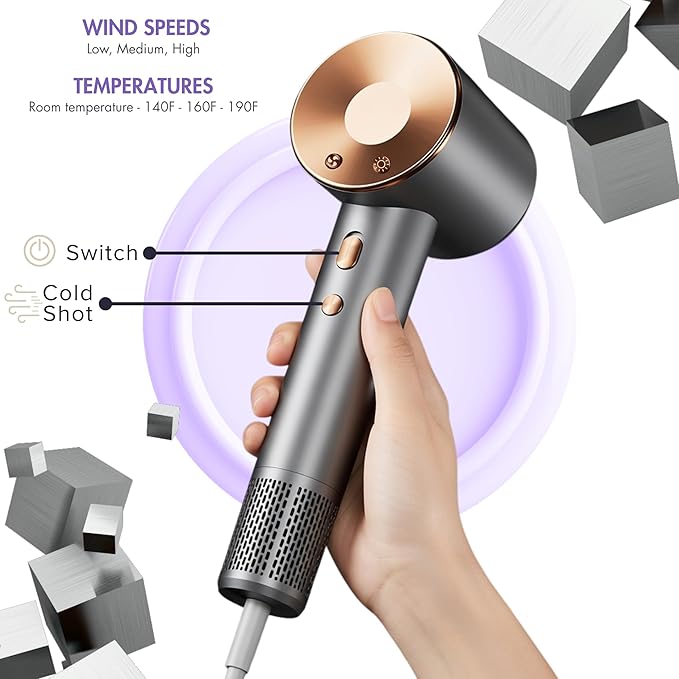 AXURA Travel Hair Dryer 160000 RPM Brushless Motor, Diffuser Hair Dryer For Fast Styling, Heat Control, Lightweight Low Noise Blow Dryer With Diffuser, Hair Dryer With Magnetic Nozzle For Home & Salon