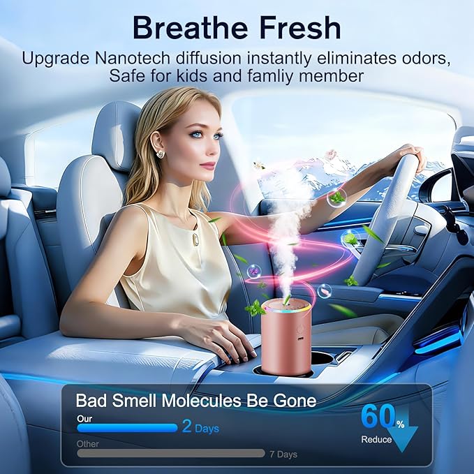 Car Air Freshener, Smart Car Air Fresheners Diffuser with 100ml Fragrance, Long Lasting Lasts 6 Months, RGB Music Syncing Light, Auto On/Off, 5 Adjustable Car Aroma Diffuser for Women, Vanilla Cream