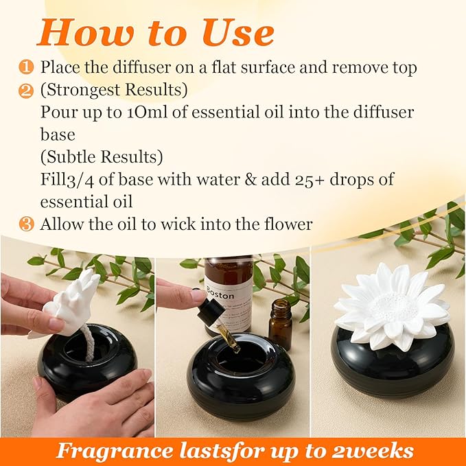 Honeydak 1 Pcs Reedless Ceramic Diffuser Set, Porcelain White Flower Aromatherapy Essential Oil Diffuser for Home Office Bathroom Tabletop Decor, Non-Electric, Valentines Day Gift (Daisy Flowers)