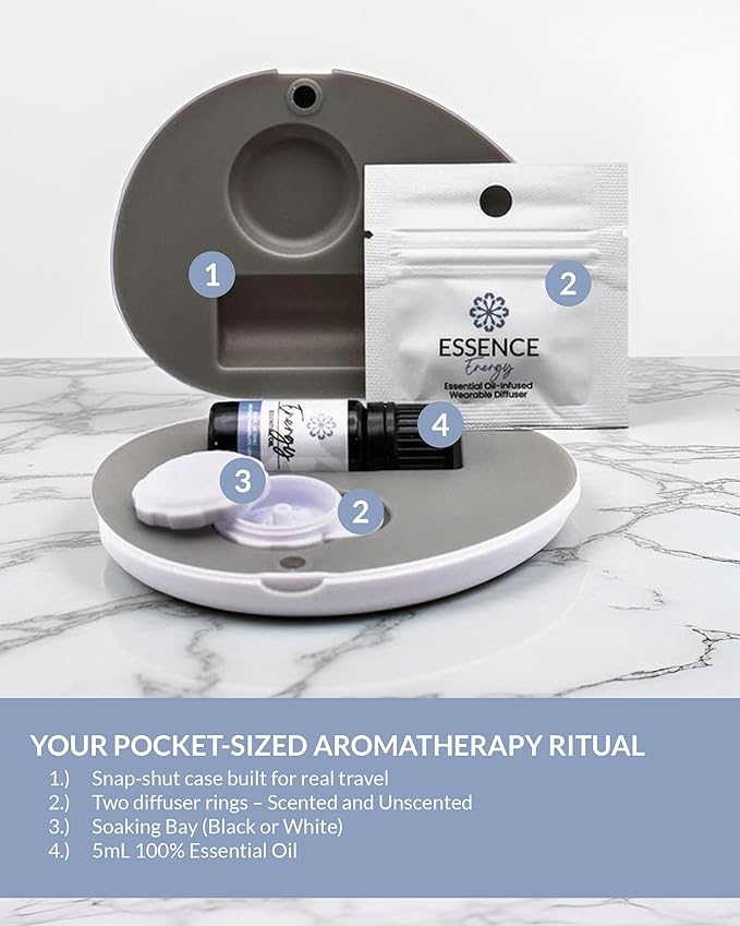 Essence Pearl Travel Case | Energy Essential Oil | Aromatherapy Nasal Diffuser & Essential Oil Carrying Case | Peppermint & Citrus Blend | Travel-Friendly Kit | White Pod