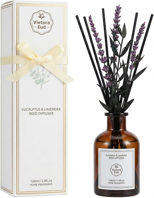 Eucalyptus & Lavender Essential Oil Reed Diffuser - 3.34 Fl Oz, Luxury Hotel Collection Diffuser Oil Inspired by Ritz Carlton for Home&Office, Bedroom/Living Room Shelf Decor,Non-Toxic & Gift Ready