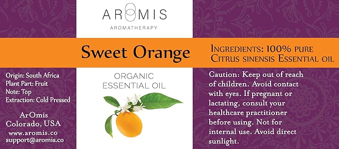 ArOmis Organic Sweet Orange Essential Oil - 100% Pure Therapeutic Grade - 10ml, Undiluted, Premium, Oils Perfect for Aromatherapy 0.34 fl oz