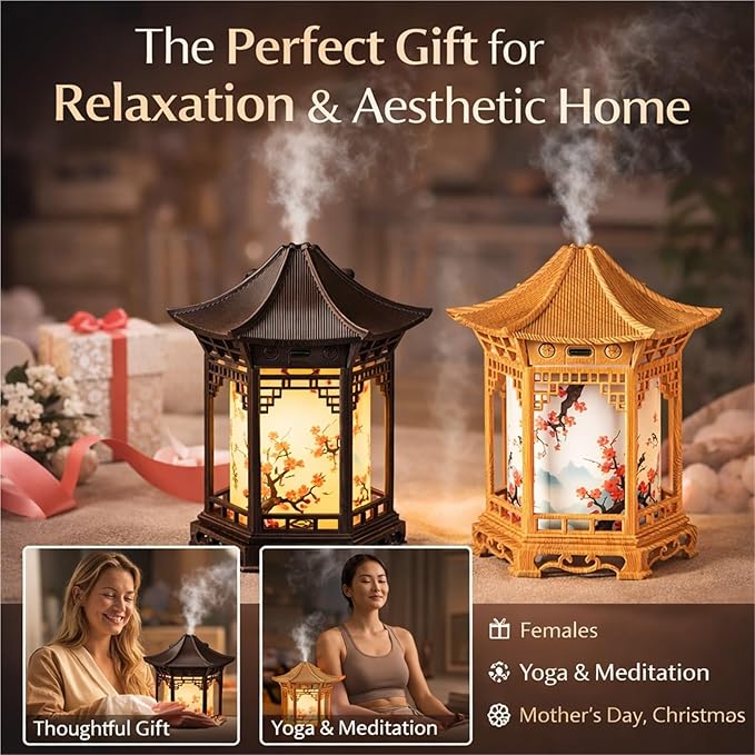 Zen Pavilion Lantern Aroma Diffuser & Night Light, 160ml Diffuser, Dual Mist Modes, Chinese Zen Garden Humidifier, Warm & White Light for Sleep, Yoga, Meditation & Spa(Light Wood)