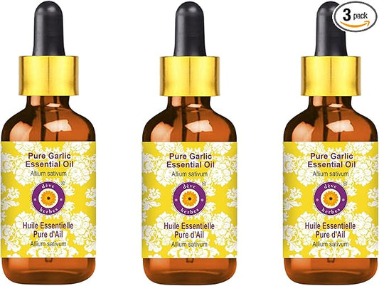 Deve Herbes Pure Garlic Essential Oil (Allium sativum) with Glass Dropper Steam Distilled (Pack of Three) 100ml X 3 (10 oz)