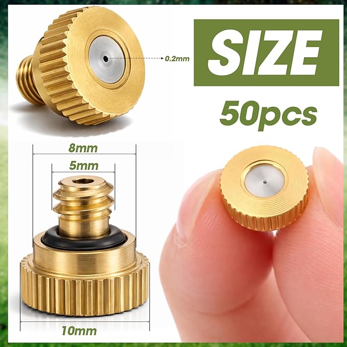 Zhengmy 50 Pcs 0.2mm Brass Misting Nozzles, Mister Nozzles Brass for Outdoor Cooling System Orifice 10/24 UNC Replacement Heads for Outdoor Cooling System