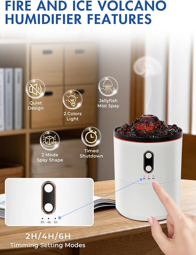 Volcano Humidifier Flame Aroma Diffuser, Personal Desktop Jellyfish Mist Flame Spray Humidifier for Bedroom Plants Office, Auto Shut-Off, 450ml, USB Power