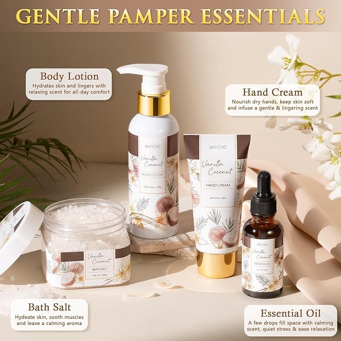 Mothers Day Birthday Gifts for Women, Vanilla Coconut Relaxing Spa Gift Baskets for Women Self Care Package Bath Gift Set, Home Bath and Body Kit Pampering Gifts for Womens Her Mom Friends Sister Wife