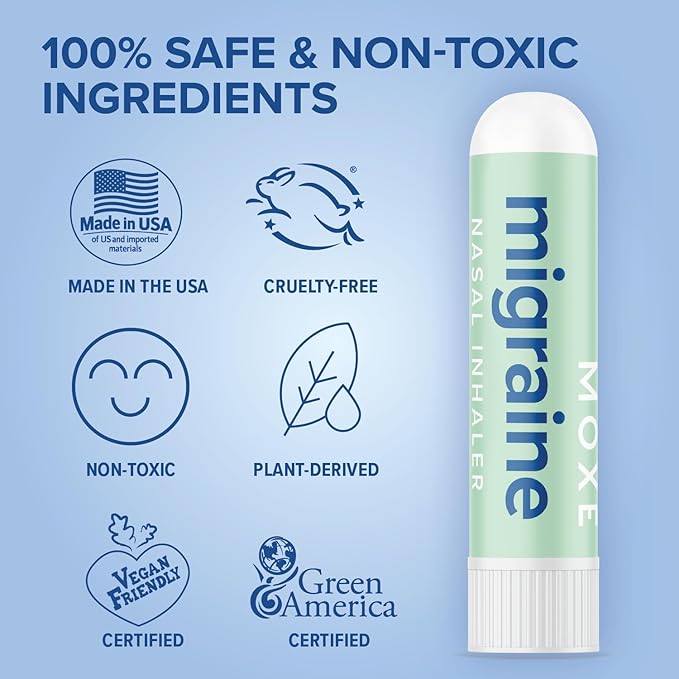 MOXE Migraine Relief Nasal Inhalers, Essential Oils for Headaches & Tension Relief, Portable Aromatherapy, Easy-to-Use, Pure & Undiluted, Peppermint, Spearmint, Eucalyptus, Tea Tree, USA Made, 3 Pack