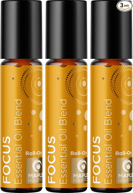 Focus Essential Oil Roll On - Aromatherapy Essential Oil Roller with Invigorating Pure Citrus and Mint Oils - Attention and Focus Essential Oil Blend with Eucalyptus Peppermint & Grapefruit (3 Pack)