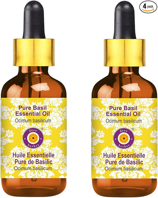 Deve Herbes Pure Basil Essential Oil (Ocimum basilicum) with Glass Dropper Steam Distilled (Pack of Two) 100ml X 2 (6.76 oz)