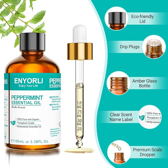 Peppermint Oil 3.38 fl oz Christmas Gift for Women Men Peppermint Essential Oil 100% Natural for Hair, Skin, Diffuser, Massage, Cleaning, Candle Making and Soap Making