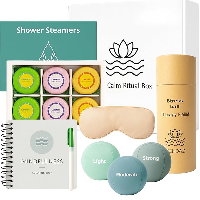 Stress Relief Gifts with Heated Eye Mask, Stress Balls for Adults, Shower Steamers & Adult Coloring Book for sinus relief – Self Care Relaxation Kit, Anxiety Relief Items and Mother's Day