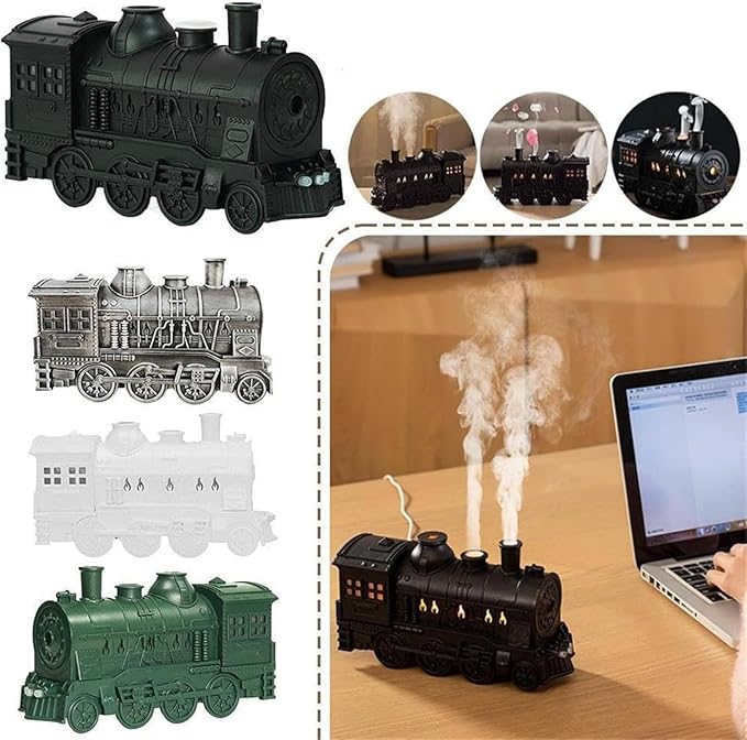 300ml Vintage Steam Train Aromatherapy Essential Oil Diffuser with Dual-Color LED Light, Train Oil Diffuser, 2 Mist Modes, Auto Shut-Off, Ultra-Quiet Humidifier for Home, Office (White,Colorful)