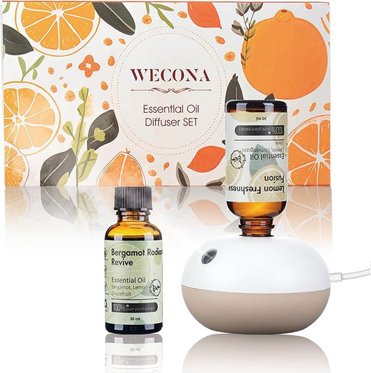 Wecona Waterless Essential Oil Diffuser & 2 Essential Oils Blend Set(30ml) - 2 Mist Modes Scentiment Scent Diffuser Starter Kit for Home,Car,Office,Spa