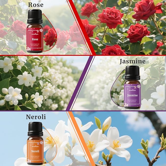 Flowers Fragrance Oils, Aromtopia Floral Essential Oils for Diffusers for Home, 6x10ml, Fragrance Oil for Soap Candle Making, Lavender, Rose, Gardenia, Cherry Blossom, Jasmine, Neroli