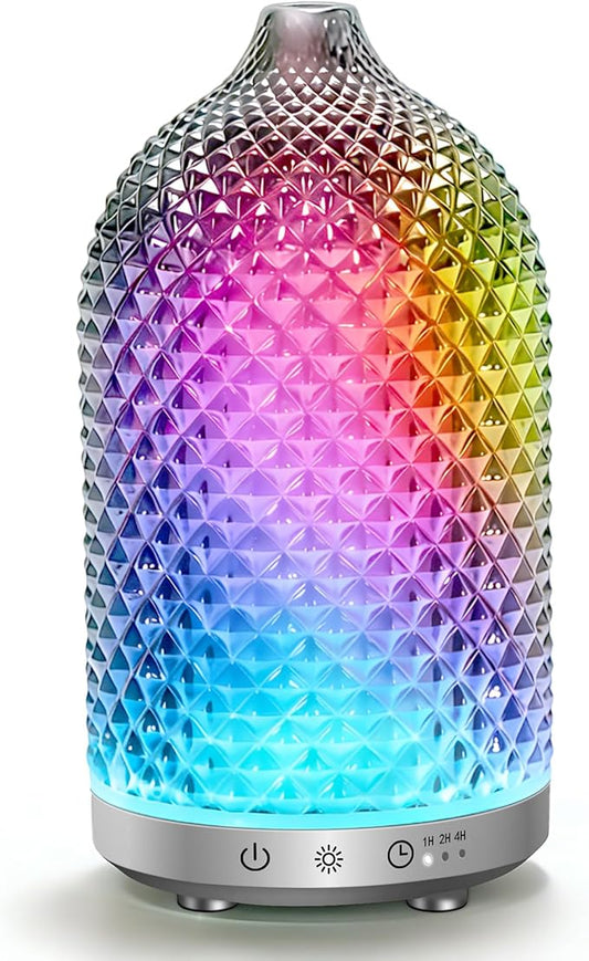 Essential Oil Diffuser 150ml, Glass Aromatherapy Diffuser with Ultrasonic Cool Mist, 7 Color LED Lights, 1/2/4H Timer, Quiet Auto Shut-Off Oil Diffuser for Bedroom, Home, Office (Silvery)