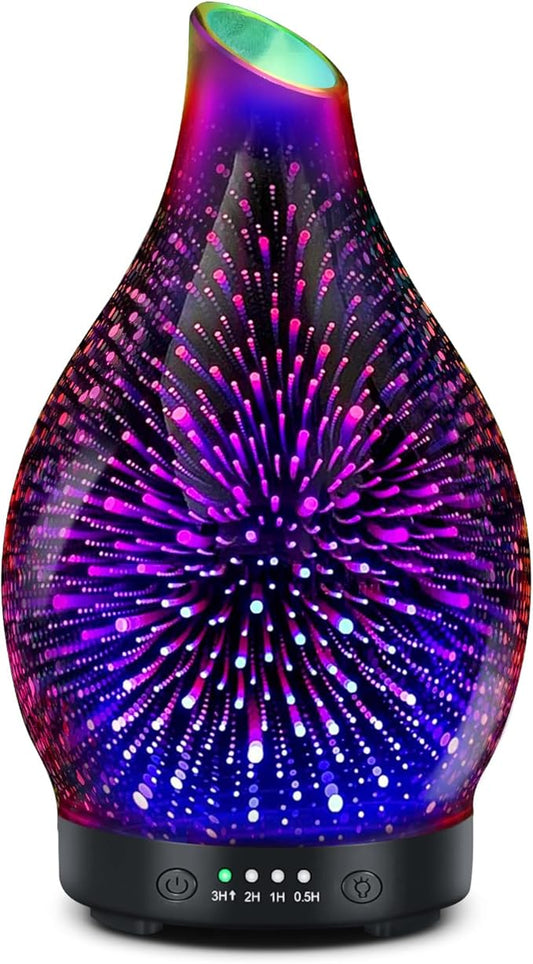 Essential Oil Diffuser 150ML -3D Firework Glass Aromatherapy Diffusers for Essential Oils with 4 Timer Setting Auto Shut-Off Silent Operation 7 Colors Lights Changing for Room, Office, Yoga