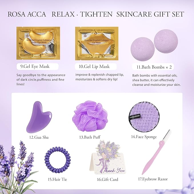 23 Pcs Mother's Day Gifts, Lavender Facial Skin Care Set, Bath and Body Gifts Basket for Women, Spa & Self-Care Kit, Sheet Mask, Present, Birthday, Christmas, Bridal Shower, Anniversary, Wife, Mom