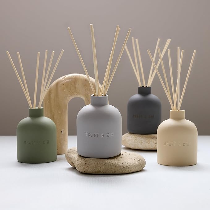 Craft & Kin Reed Diffuser for Home & Bathroom – Rose & Oud Holiday Reed Diffuser Set with Fragrance Sticks, Long-Lasting Alcohol-Free Scent, Earthenware Collection, 6.7oz
