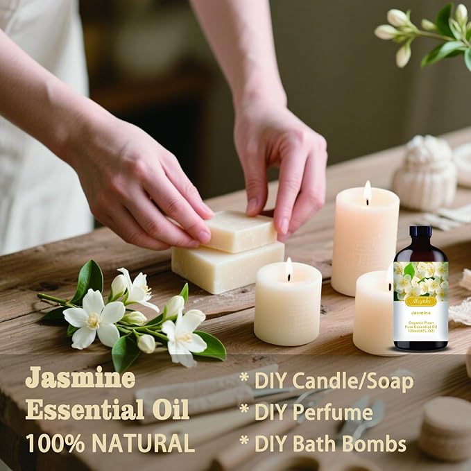 Jasmine Essential Oil – MLYNKL Jasmine Oils 4.33 fl oz for Diffusers, Humidifiers, Massage, DIY Candles, Soap, Cleaning, Home, Yoga, Office, Gifts - 130 ml