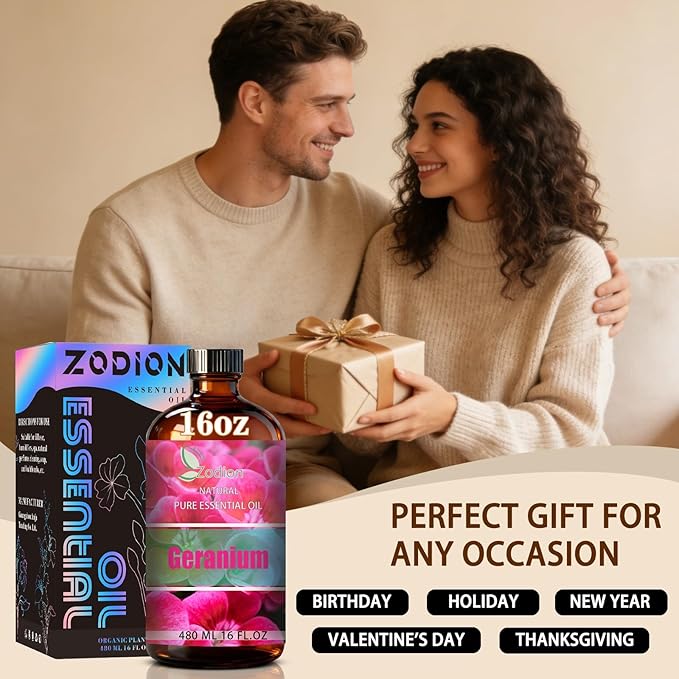 Geranium Essential Oil, 16 fl oz (480ml) - ZODION Geranium Fragrance Oil for Diffuser, Massage, Humidifier, DIY Candle, Soap Making, Home, Bath, Yoga