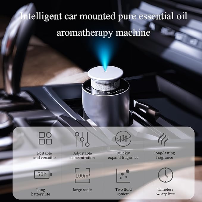 Waterless Essential Oil Diffuser, Smart Car Diffuser, Auto On/Off, Rechargeable Hotel Scent Diffusers with 4 Mist Levels & Timers, Portable Aromatherapy Diffuser for Home, Room, Studio Office, Silver