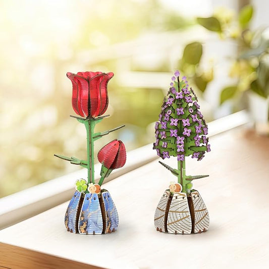Jege 3D Flower Wooden Puzzles for Adults, DIY Building Set with 2 Flowers, 2 Perfume Bottles & Diffuser Sticks, Creative Craft Gifts & Home Decor (Rose + Lilac)