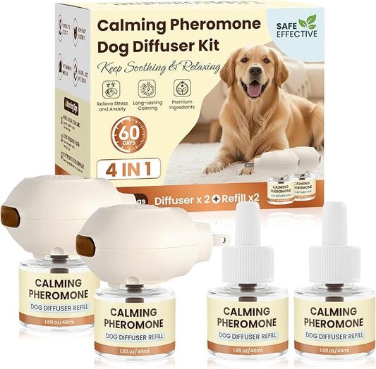 Dog Pheromones Calming Diffuser to Calm Dogs 4 IN 1 Kit (2 Diffusers+2 Refills) Pheromone Plug In for Stress Barking Pee Accidents Chewing Aggression Separation Anxiety Relief 60 Days(Odorless)