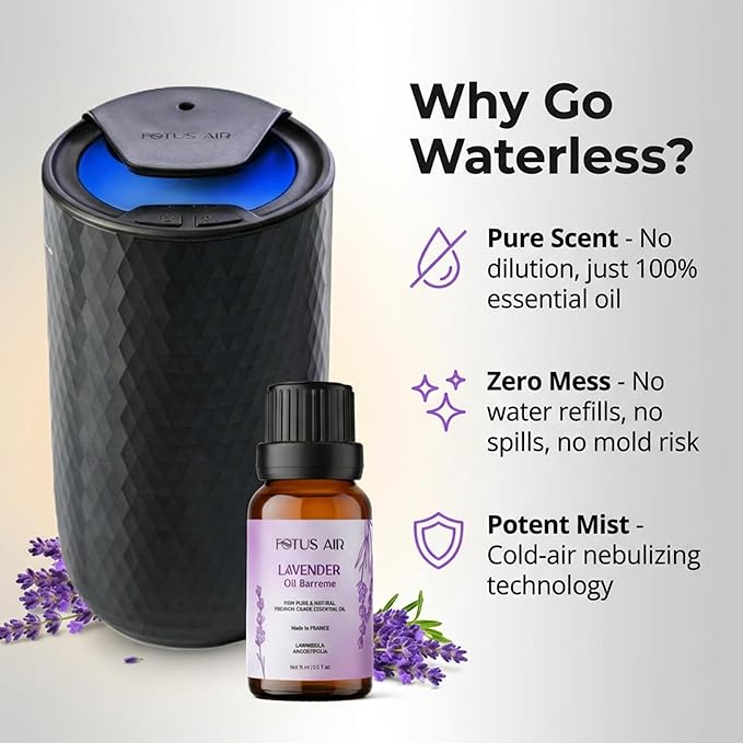 Waterless Essential Oil Diffuser – Portable Cordless Aromatherapy Diffuser for Home, Car, Office – 3 Mist Levels - 4 Timer Modes - 15ml Oil Capacity - USB-C Rechargeable