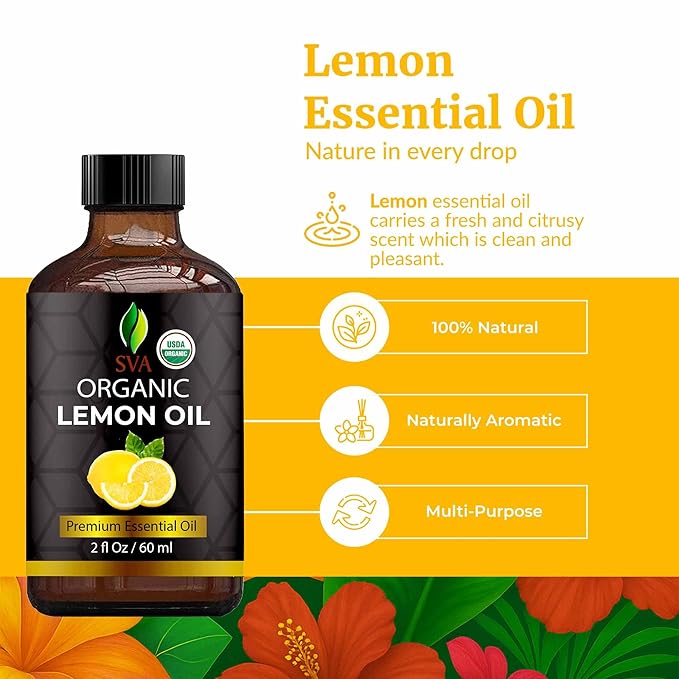 SVA Lemon Essential Oil Organic – 2 Fl Oz – 100% Natural Organic Lemon Oil - for Diffuser, Hair, Face, Skin Care, Aromatherapy, Scalp and Body Massage, Soap and Candle Making - with Dropper