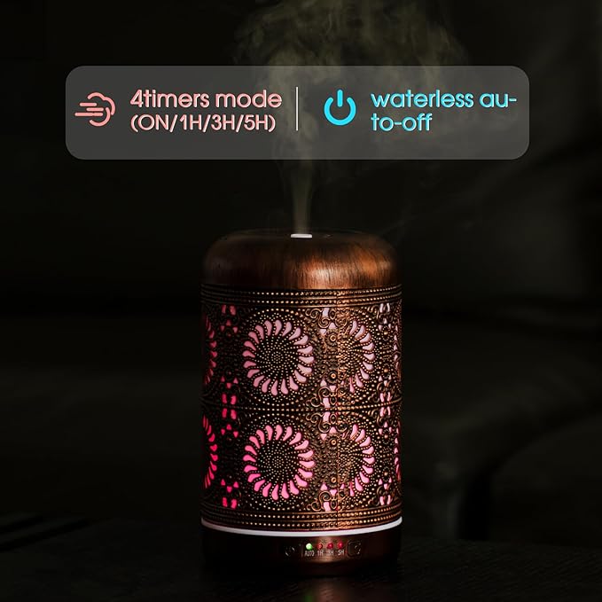 250ML Essential Oil Aromatherapy Diffuser for Home Bedroom Office Metal Hollow Decorative Room Ultrasonic Air Scent Mist Aroma Diffuser -Red Copper