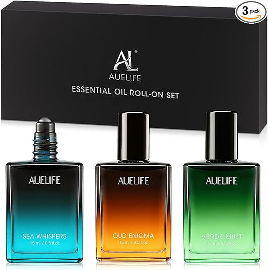 3 x 15ml Perfume Oil Set, Roll-On Essential Oil Set, Fragrance Rollerball Oil Gift Set for Him with Sea Whispers, Oud Enigma & Mint Scent, Travel Perfume Oils for Men, Father's Day & Birthday Gift