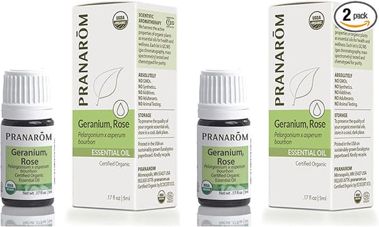 Pranarom USDA Certified Organic Rose Geranium Essential Oil (2 Pack of 5ml), 100% Pure Undiluted Therapeutic Grade from Madagascar for Aromatherapy, Diffuser, Skincare, Relaxation, Pure Rose Scent